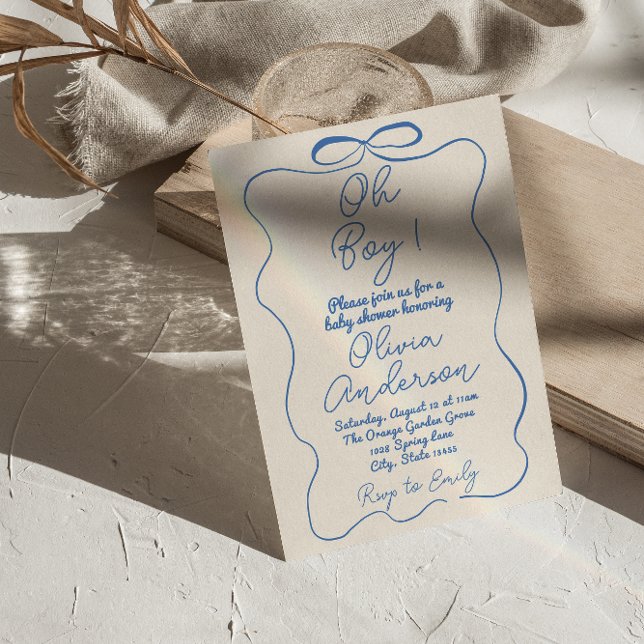 Oh Boy Hand Drawn Written Blue Boy Bow Baby Shower Invitation (Creator Uploaded)