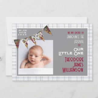 Oh, Boy! Hand illustrated bunting and blue plaid Invitation