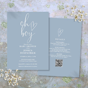 Oh Boy Heart Dusty Blue Boy All In One Baby Shower Invitation