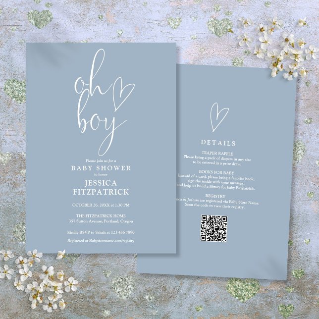 Oh Boy Heart Dusty Blue Boy All In One Baby Shower Invitation (Oh Boy Heart Dusty Blue Boy All In One Baby Shower Invitation)