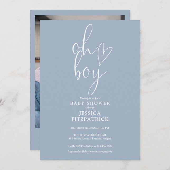 Oh Boy Heart Dusty Blue Boy Photo Baby Shower Invitation (Front/Back)