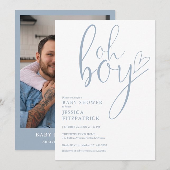 Oh Boy Heart Dusty Blue Boy Photo Baby Shower Invitation (Front/Back)