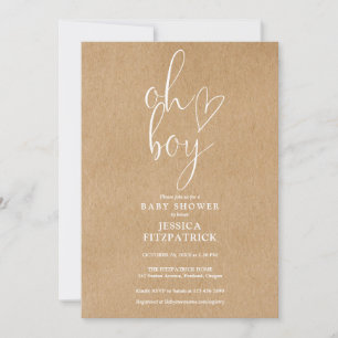 Oh Boy Heart Rustic Kraft All In One Baby Shower Invitation