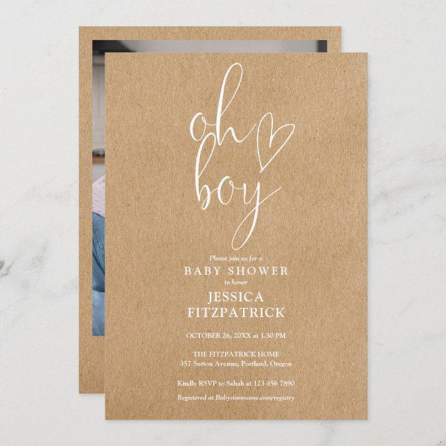 Oh Boy Heart Rustic Kraft Photo Baby Shower Invitation (Front/Back)