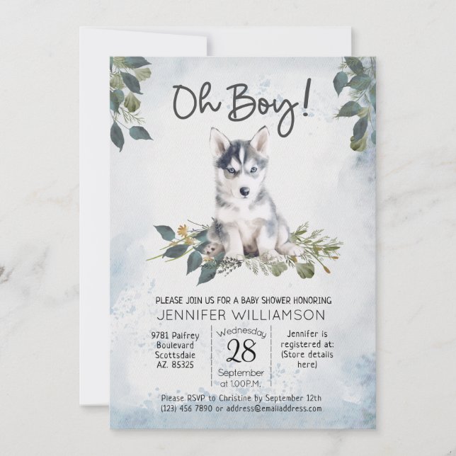 Oh Boy! Husky Puppy Watercolor Baby Shower  Invita Invitation (Front)