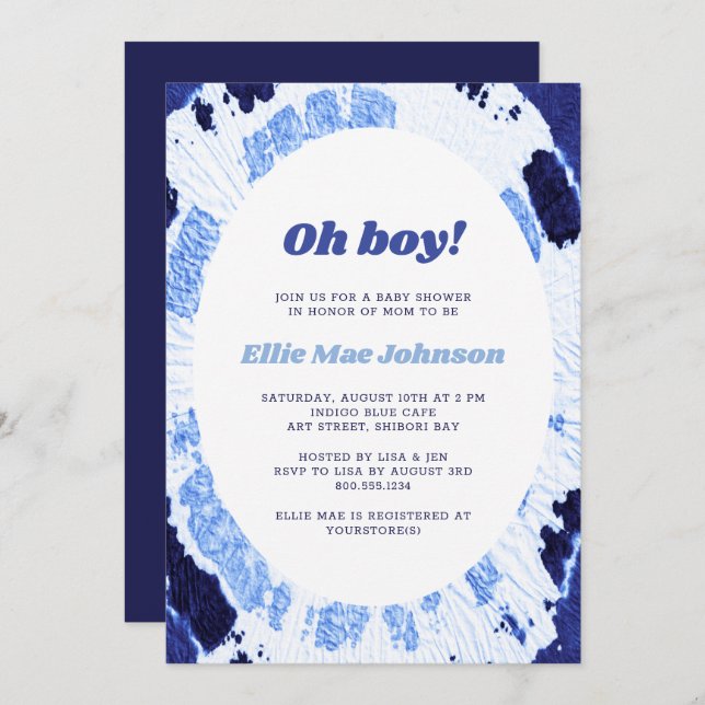 Oh Boy Indigo Blue Shibori Tie Dye Baby Shower Invitation (Front/Back)