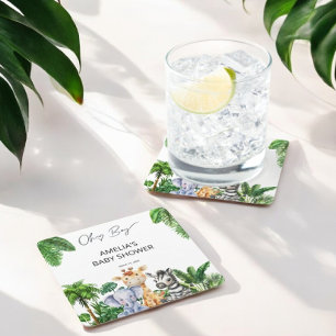 Oh Boy Jungle Animal Safari Boy Baby Shower Square Paper Coaster