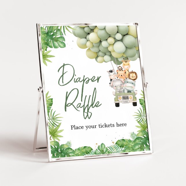 Oh Boy Jungle Safari Baby Shower Diaper Raffle Poster (Safari Truck Balloons Baby Shower Diaper Raffle Sign
)