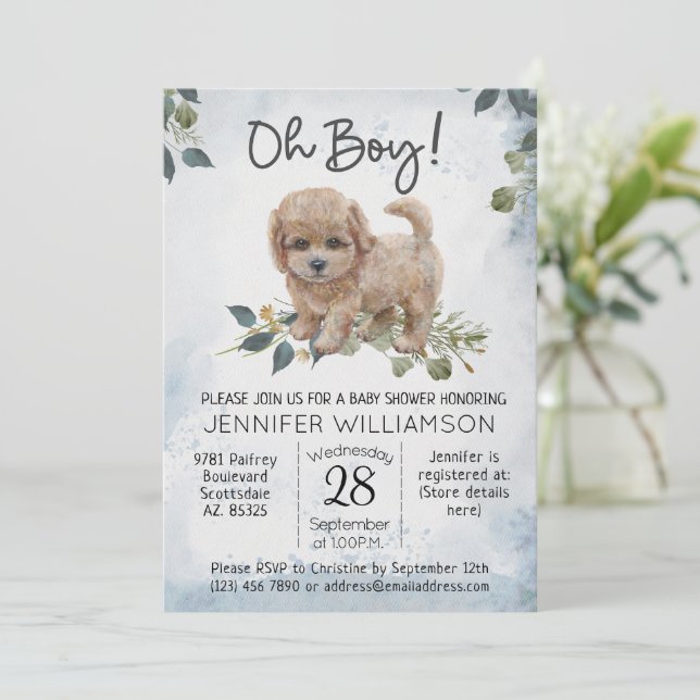 Oh Boy! Labradoodle Puppy Watercolor Baby Shower Invitation (Standing Front)