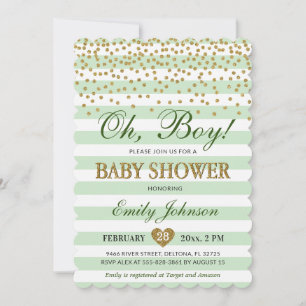 Oh Boy Light Green Khaki Gold Confetti Baby Shower Invitation