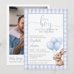 Oh Boy Little Bunny Baby Shower Photo QR Code Invitation