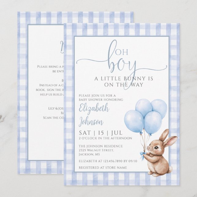 Oh Boy Little Bunny Blue Baby Shower All In One Invitation (Front/Back)