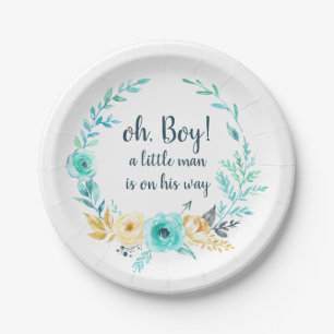 oh Boy Little Man Baby Shower Blue Grey Gold Arrow Paper Plate