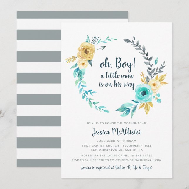 oh Boy Little Man Baby Shower Grey Invitation (Front/Back)