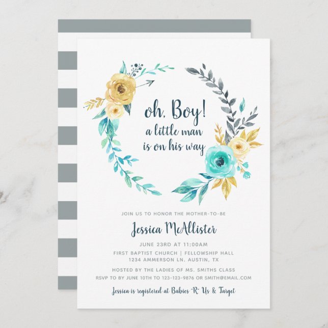 oh Boy Little Man Baby Shower Teal Gold Invitation (Front/Back)