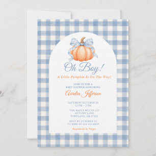 Oh Boy Little Pumpkin Blue Gingham Baby Shower Invitation