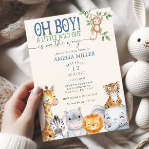 Oh Boy Little Wild One Safari Animals Baby Shower Invitation