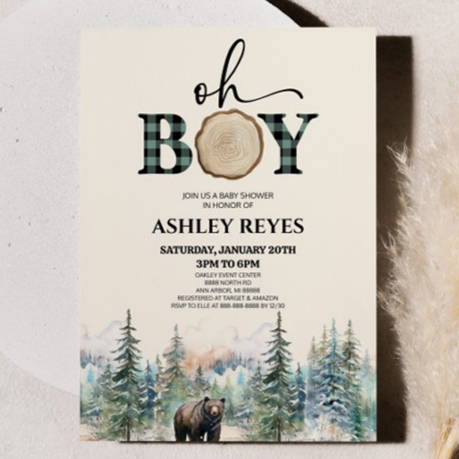 Oh Boy Lumberjack Woodland Forest Bear Baby Shower Invitation (Creator Uploaded)