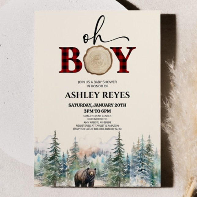 Oh Boy Lumberjack Woodland Forest Bear Baby Shower Invitation (Creator Uploaded)