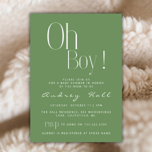 Oh Boy Minimalist Sage Green Modern Baby Shower Invitation