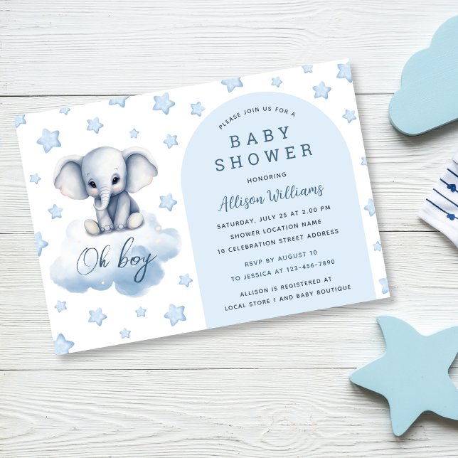 Oh Boy | Modern Blue Elephant Boy Baby Shower  Invitation (Creator Uploaded)