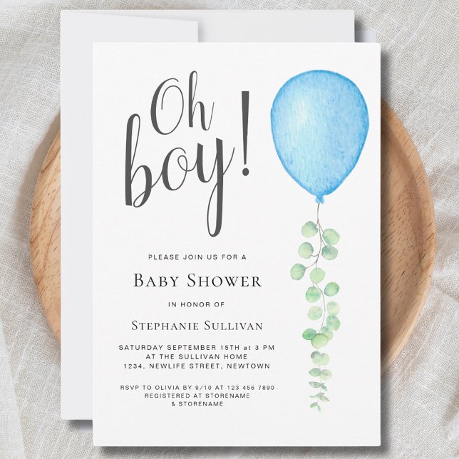Oh Boy Modern Eucalyptus Blue Balloon Baby Shower Invitation (Creator Uploaded)