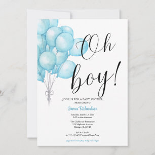 Oh boy modern eucalyptus blue balloons baby invitation