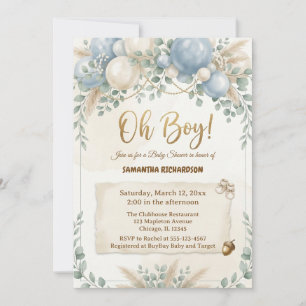 Oh boy modern eucalyptus blue balloons baby shower invitation