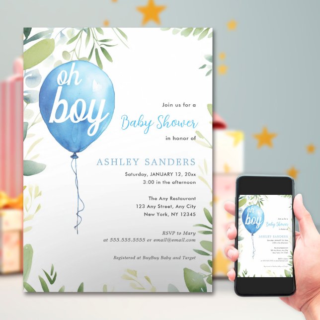 Oh boy modern eucalyptus blue balloons baby shower invitation (Creator Uploaded)
