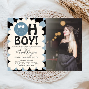 Oh Boy! Modern Groovy Blue Happy Face Baby Shower Invitation