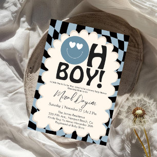 Oh Boy! Modern Groovy Blue Happy Face Baby Shower Invitation