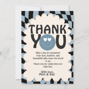 Oh Boy! Modern Groovy Blue Happy Face Baby Shower Thank You Card