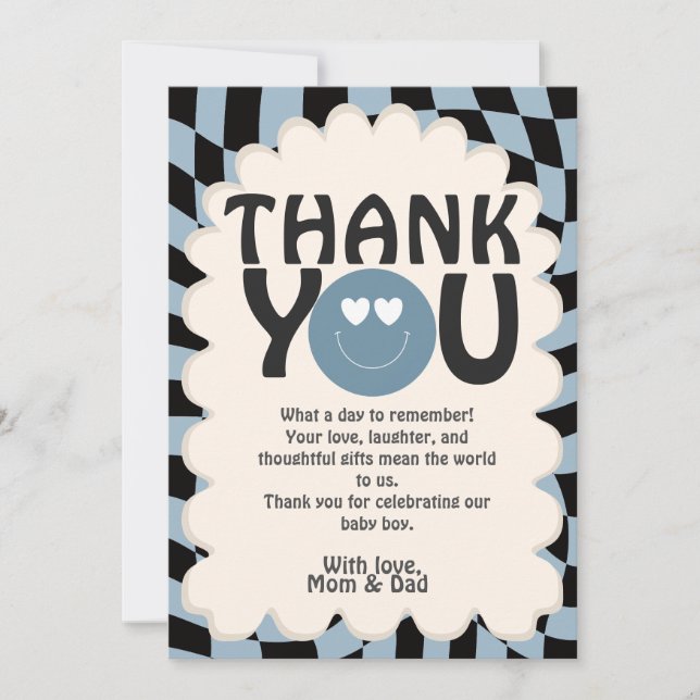 Oh Boy! Modern Groovy Blue Happy Face Baby Shower Thank You Card (Front)