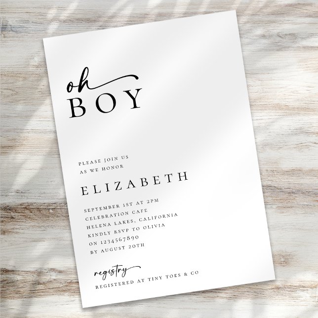 Oh Boy Modern Minimalist Script Baby Shower Invitation (Creator Uploaded)