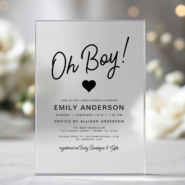 Oh Boy Modern Minimalist Simple Baby Shower  Acrylic Invitations (Creator Uploaded)