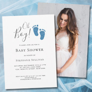Oh Boy Modern Photo Blue Baby Shower Invitation