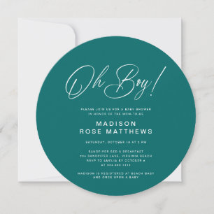 Oh Boy Modern Round  Script Teal  Baby Shower   Invitation