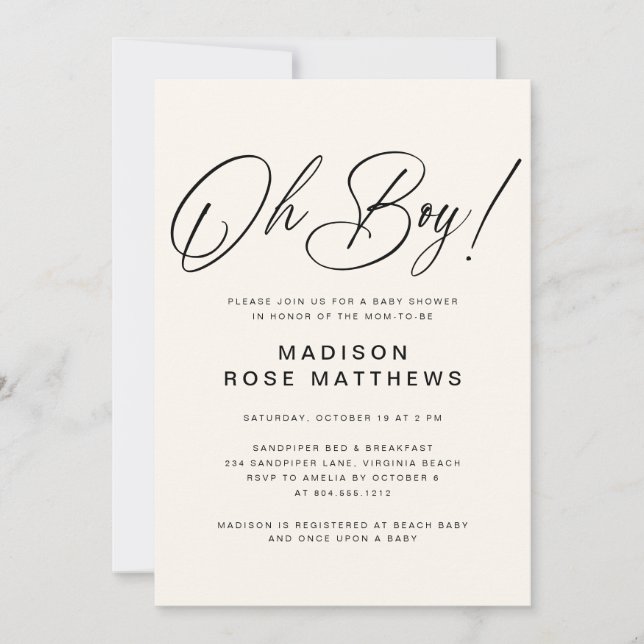 Oh Boy Modern Script Dusty Blue Baby Shower  Invit Invitation (Front)