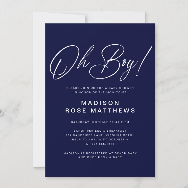 Oh Boy Modern Script Navy Blue  Baby Shower  Invitation (Front)