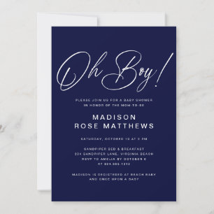 Oh Boy Modern Script Navy Blue  Baby Shower  Invitation