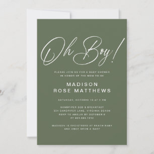 Oh Boy Modern Script Sage Olive Baby Shower Invitation
