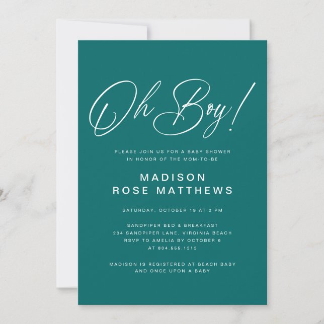 Oh Boy Modern Script Teal  Baby Shower   Invitation (Front)