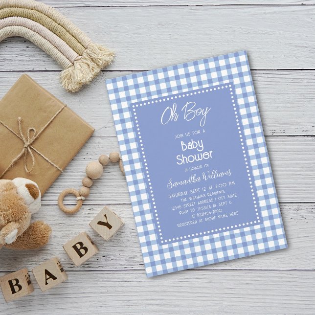 Oh Boy Modern Simple Blue Gingham Boy Baby Shower Invitation (Creator Uploaded)