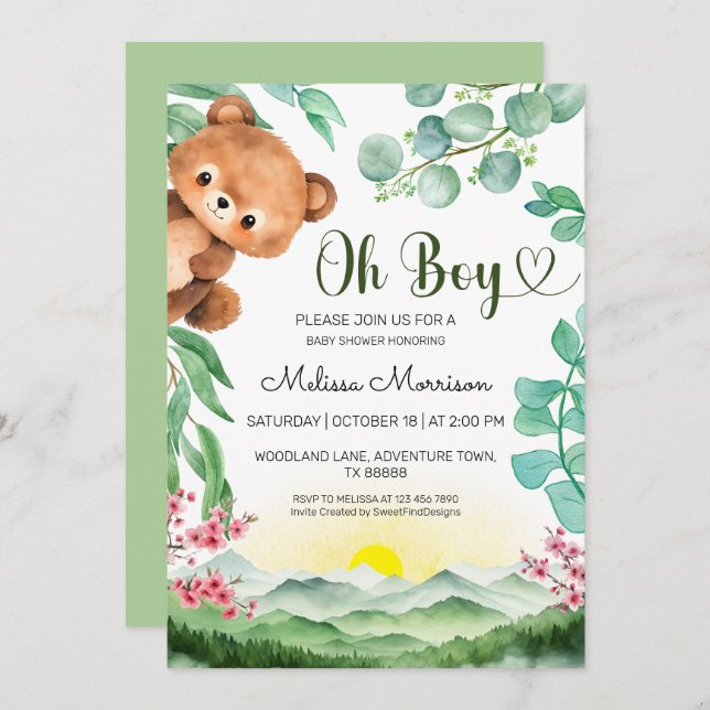 Oh Boy Mountain Bear Baby Boy Shower Invitation (Front/Back)
