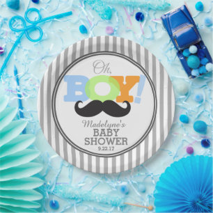 Oh Boy Moustache Baby Shower Paper Plate