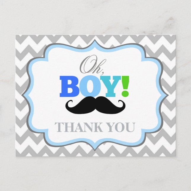 Oh Boy Moustache Baby Shower Thank You Postcard (Front)