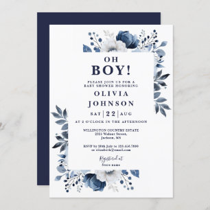 Oh Boy Navy Blue Elegant Floral Baby Shower Invitation