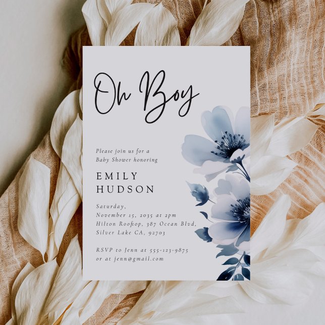 Oh Boy Navy Blue Floral Baby Shower Invitation (Creator Uploaded)