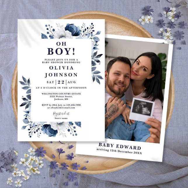 Oh Boy Navy Blue Floral Photo Baby Shower Invitation (Oh Boy Navy Blue Floral Photo Baby Shower Invitation)