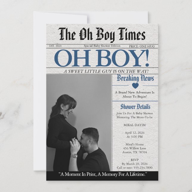 Oh Boy Newspaper Baby Shower Invitation (Front)
